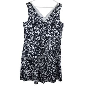 Lands' End Women's Black And White Pattern Suplice Sleeveless Dress Cotton 18